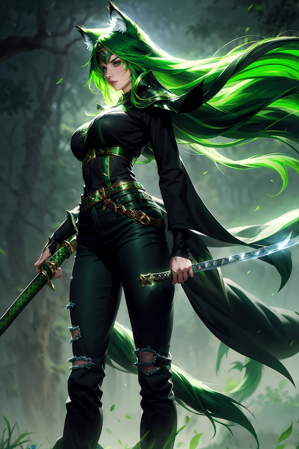 ((character sheet complete)), boy, long hair, green hair, black cape, breast armor, black shirt, black long jeans, wolf tail, wolf ear, long katana . ((best quality)), perfect body
