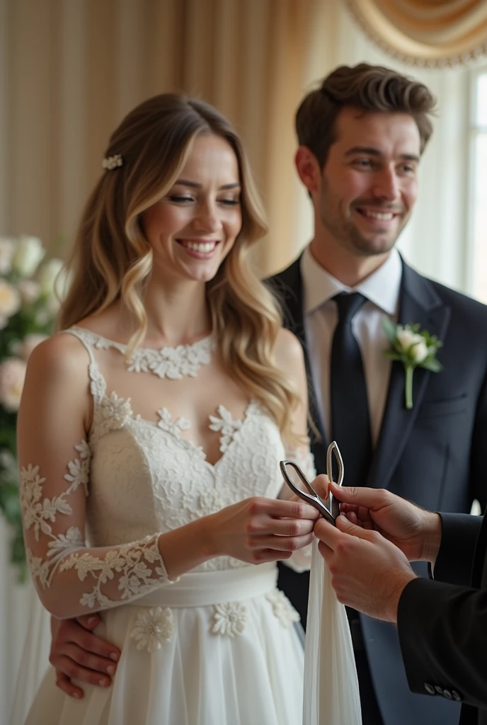 Wedding bow placed on bride and groom being cut by scissors