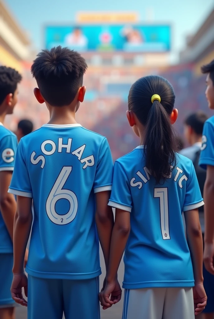The boy Sohan and the girl Samita are the fan of mancity football club..they wearing mancity football club jersy. there name showing there jersy