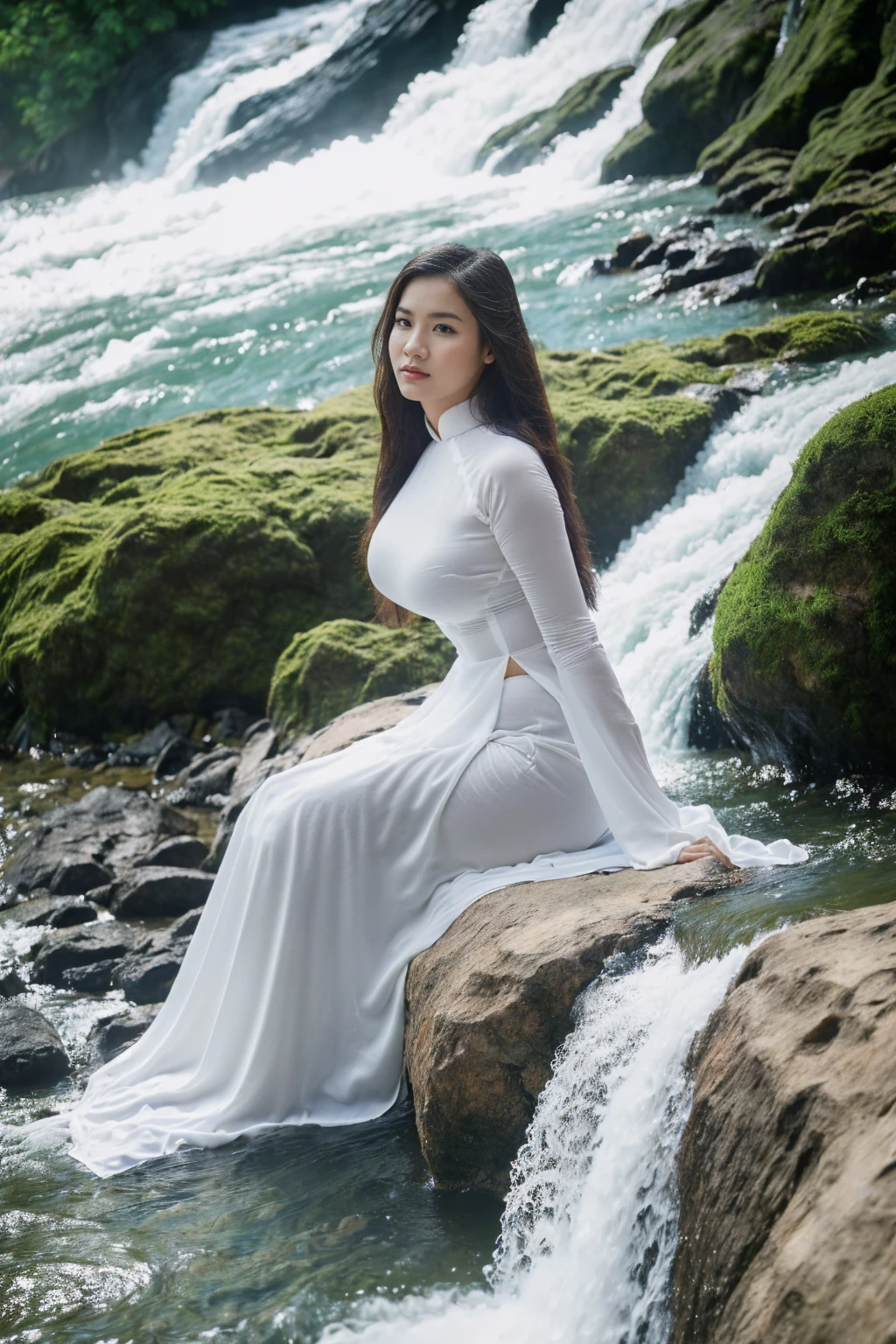 ((1 Vietnamese girl wearing ao dai, chubby body, realistic face with lots of details, Southeast Asian face, symmetrical face, beautiful, round breasts, firm breasts, big breasts, round breasts, high quality detailed photos, 8k quality photos, chubby body, cleavage, wide angle photos, sitting with butt turned under a flowing stream soaking clothes, full body, white skin, light skin tone, photo super wide angle, remote photo)), ((wide angle photo, super wide angle photo, full body, large waterfall, sunny weather, cleavage exposed, sitting with butt turned))