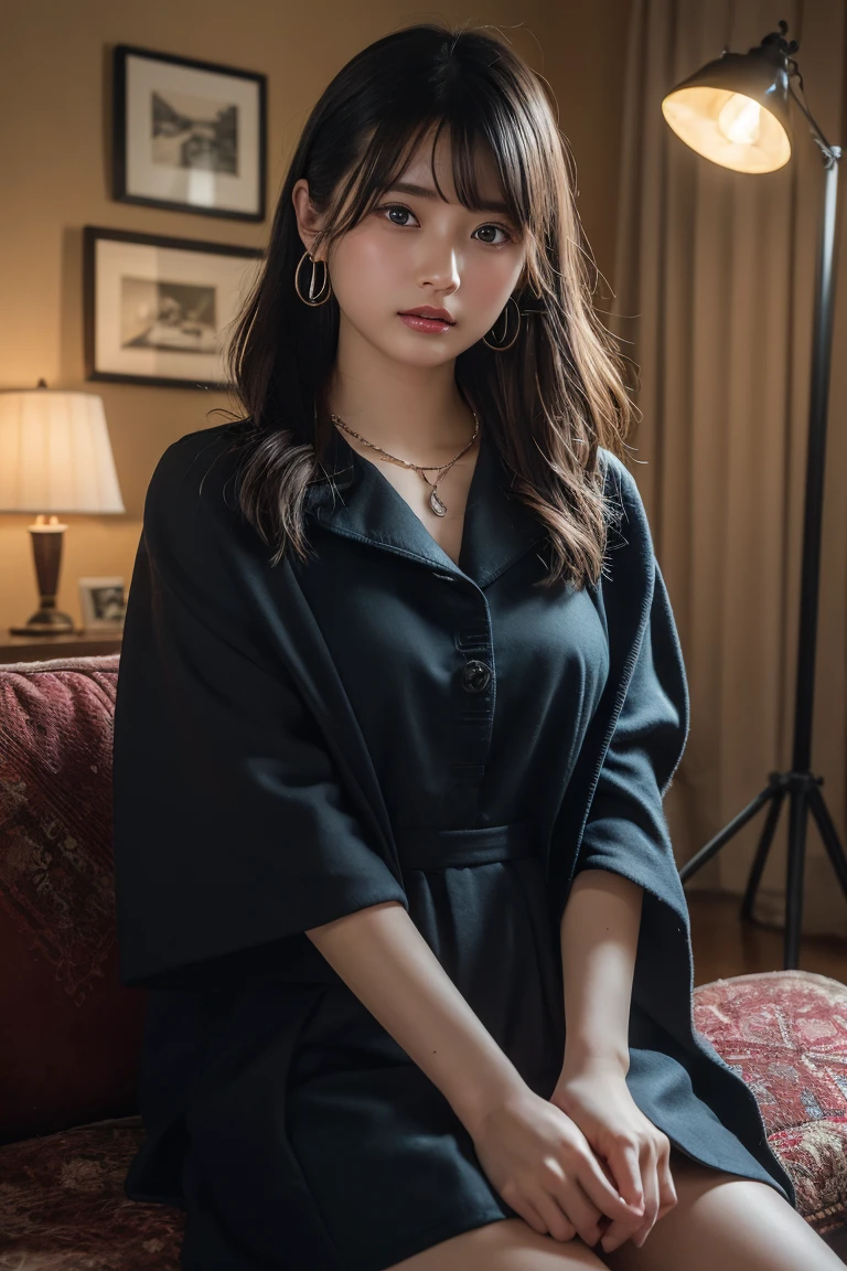 (Highest quality:1.4),(masterpiece:1.4),(Realistic:1.4),(Realistic:1.2),(超High resolution, RAW Photos:1.4),(High resolution, Ultra-detailed:1.2),(8k:1.2),View your viewers,Cinematic photography,One person,skeletally correct,Black-haired woman,Woman in her early 20s,(Small earrings,necklace,Brown cape collar dress),(Western-style building interior,Dimly lit room,The lamplight shines on my cheeks,Sit on the sofa)