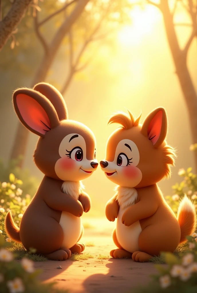 Morning sunlight shining softly on Bobo as it opens its eyes and looks at Ali with a gentle smile, while Ali's face lights up with joy.