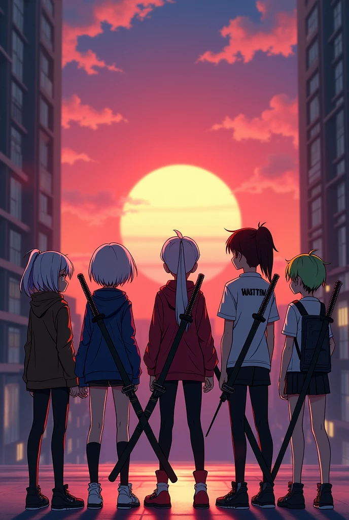 Create a group of agers watching the sunset wearing cyberpunk clothing seen from a back angle, two girls one with short white hair, another with long hair combed in a black ponytail with blue highlights, three boys, one with long hair combed with a white ponytail and a turquoise tip, another with short mint green hair and the last boy with short yellow hair with red highlights, Everyone has katanas, environmental in an ANIME STYLE building