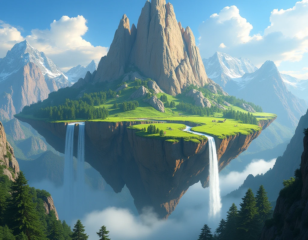 Create a flying mountain image with different geological rock materials, with waterfalls, trees, grass, and mountains in the background.