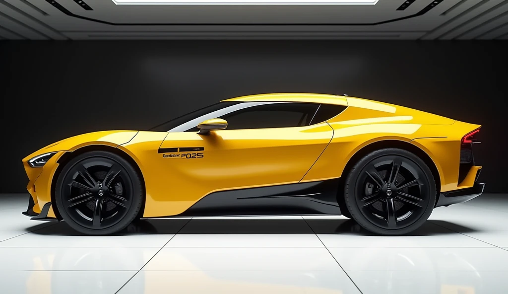 Bulldozer ( Caterpillar bulldozer 2025 ) takes center stage in a luxury white showroom. The vibrant (yellow) exterior gleams, drawing attention to its sleek, aerodynamic design and bold accents. The (Caterpillar builders 2025) " is prominently displayed in large, metallic letters on the bulldozer, set against a dark wall. The ( left side ) view showcases the cutting-edge innovation and technology of its time, inviting potential buyers to experience the future of automotive design and performance. This awe-inspiring image promises an unparalleled driving experience