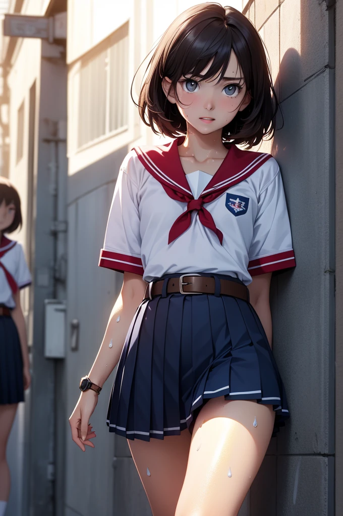 (Realistic:1.5), (masterpiece、Extremely detailed 8K CG、Sharp lines)、high school girl、Black-haired、(White panties:1.2)、thighs thighs thighs thighs、美しいアニメのhigh school girl、Smooth anime CG art、美しいアニメのhigh school girl、Beautiful Anime Girls, 1 beautiful girl, Detailed skin,(Glowing Skin:2.1)、short hair、Beautiful black hair、blue eyes、(A lot of sweat:1.5), (distress:1.4), (Flat Chest:1.8),(Muscular legs:1.5), (Emaciated:1.7), (school uniform, Sailor suit, Dark blue pleated skirt:1.4), (No sleeve:1.2), (Brown belt:1.5),(red watch:1.5),(whole body:1.5), alone, one person's, (Kneel:1.5), (thigh:1.2), (from the front:1.2), (Sweat flows from the pubic bone:1.6), In the classroom, (Open your mouth:1.4), (Clear drool overflows from her mouth、Dripping from the chin:1.3), (Half closed eyes:1.3)