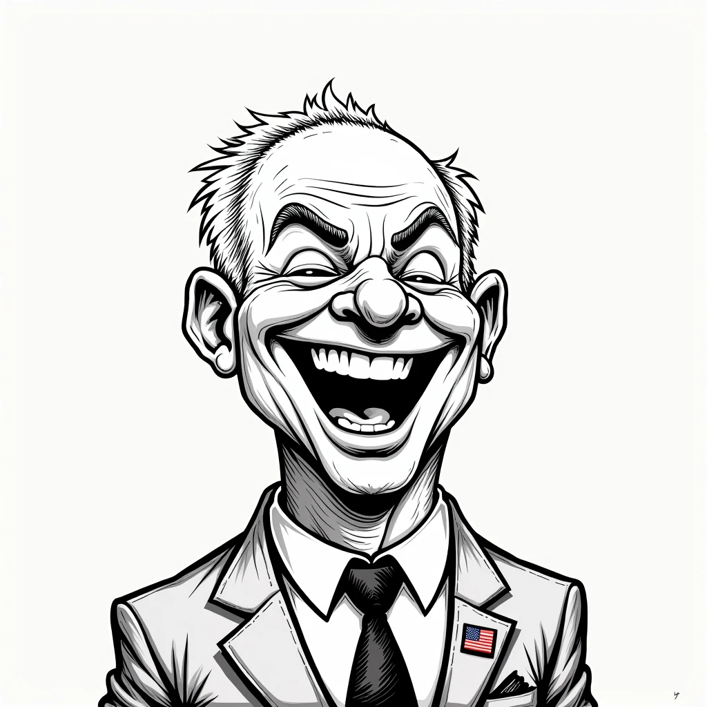 2D lineart graffiti caricature, man laughing with joy, intricate line detail, flat lighting, exaggerated features, perfectly round face, bald, 60 years old, white hair, bulldog, eyebrows, suit, tie, flag lapel pin, humorous expression, high contrast