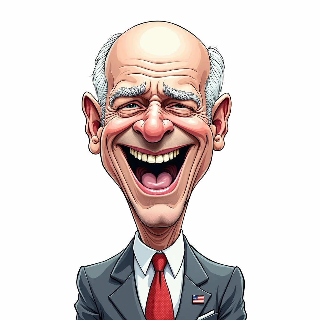 2D lineart graffiti caricature, man laughing with joy, intricate line detail, flat lighting, exaggerated features, perfectly round face, bald, 60 years old, white hair, bulldog, eyebrows, suit, tie, flag lapel pin, humorous expression, high contrast
