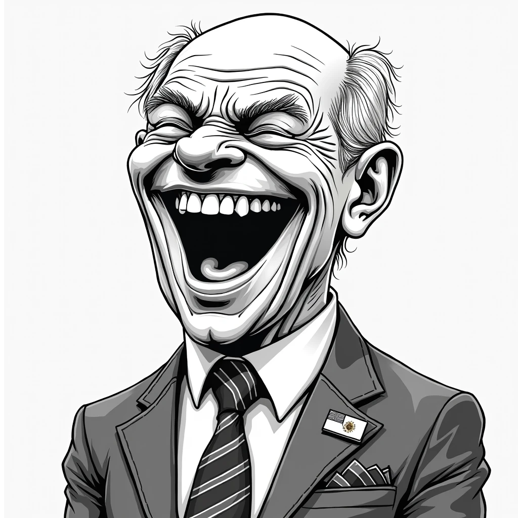 2D lineart graffiti caricature, man laughing with joy, intricate line detail, flat lighting, exaggerated features, perfectly round face, bald, 60 years old, white hair, bulldog, eyebrows, suit, tie, flag lapel pin, humorous expression, high contrast