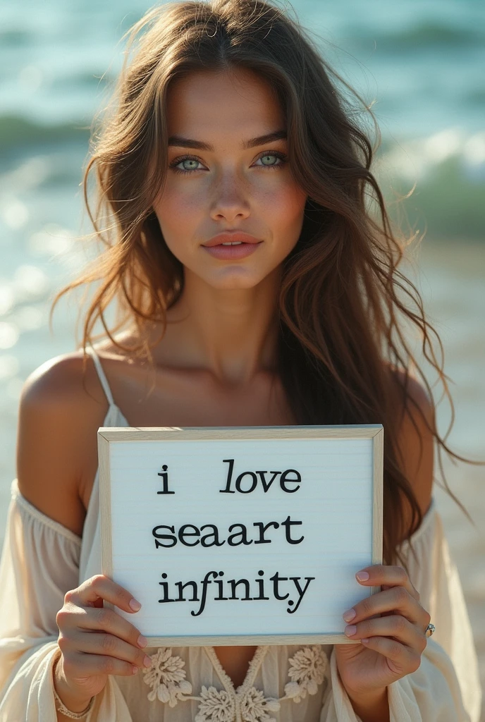 Beautiful girl with wavy long hair, bohemian dress, holding a white board with text "I Love Seaart Infinity" and showing it to the viewer