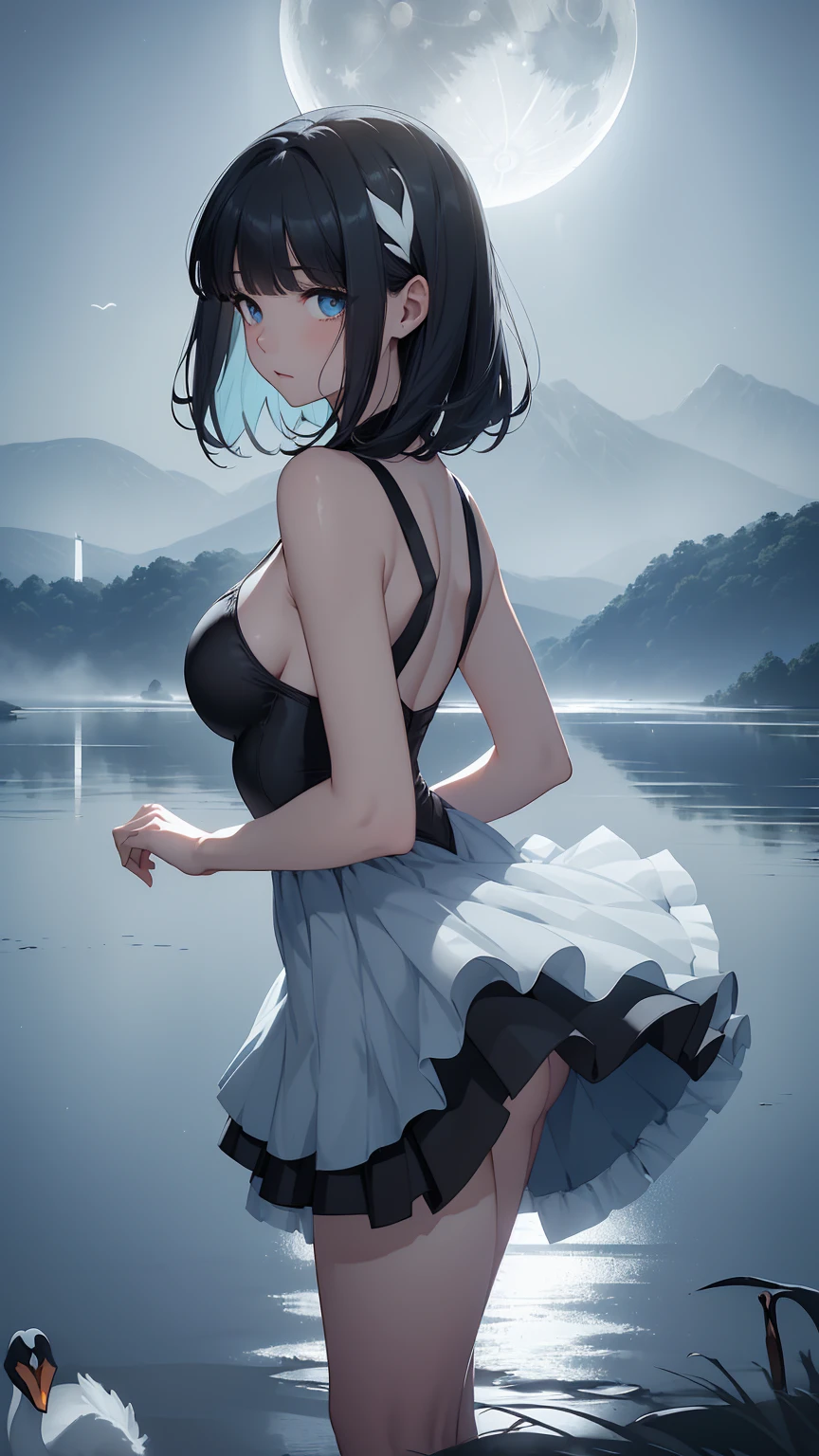 Highest quality, flying debris、Beautiful woman、Black Hair、(Dark blue eyes、Blunt bangs、Blunt bangs)、short hair、beginner,Full body portrait、break(Ballet Dancer、Ballet Dress、Tutu skirt:1.2)、break(((The lake of swan、Moonlit Night:1.3))),((Big Breasts))、((The fog is thick.))、BREAK((Black and light blue theme:1.2))