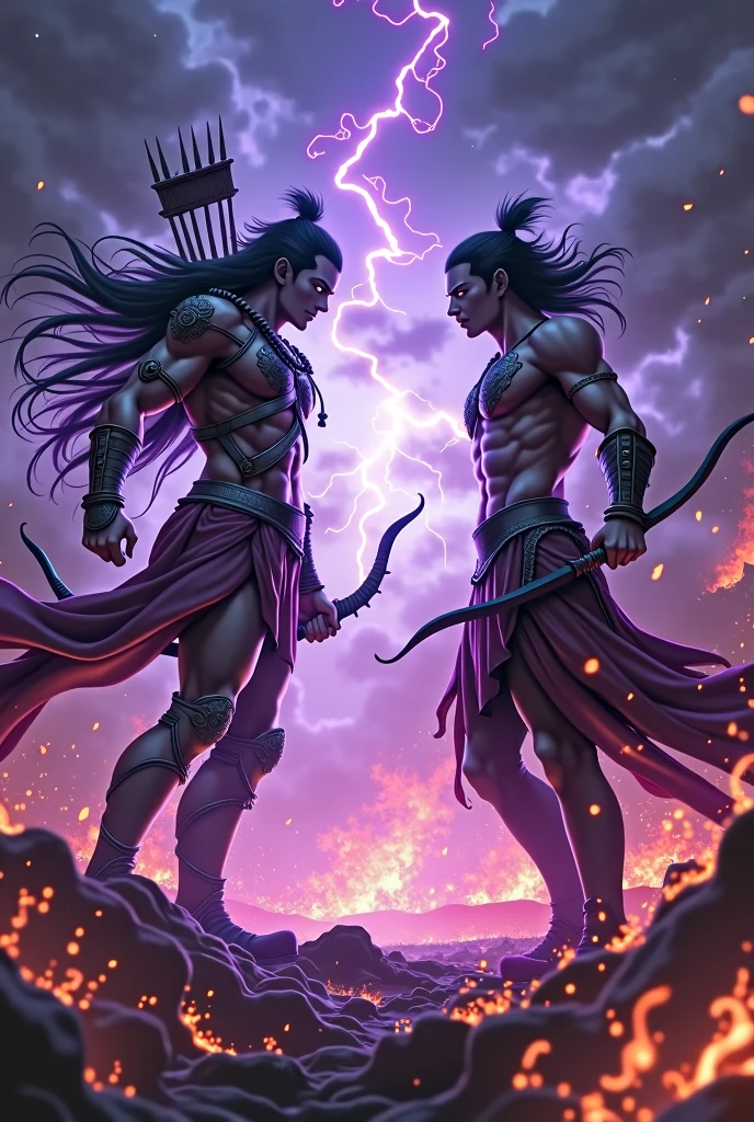 A ragegous fight by karna against arjuna from the swirling purple flames, glowing white eyes piercing the smoke. The background is predominantly dark, highlighting the intensity of the fiery colors and the sinister presence of the figure, which is surrounded by chaotic Mahabharata war, an Archer fight between ghandeev bearer Arjun and Vijay bow ( godly armour) bearer karn ,flickering flames that evoke a sense of confidence and power. anime, anime style, 4k, 8k, good quality, zoom face, wallpaper size, FACE of the worlds