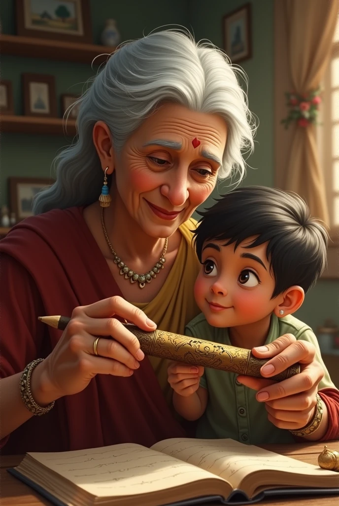 *Grandmother's
Gift*. An elderly woman presenting Chandu with an old, ornate pencil.