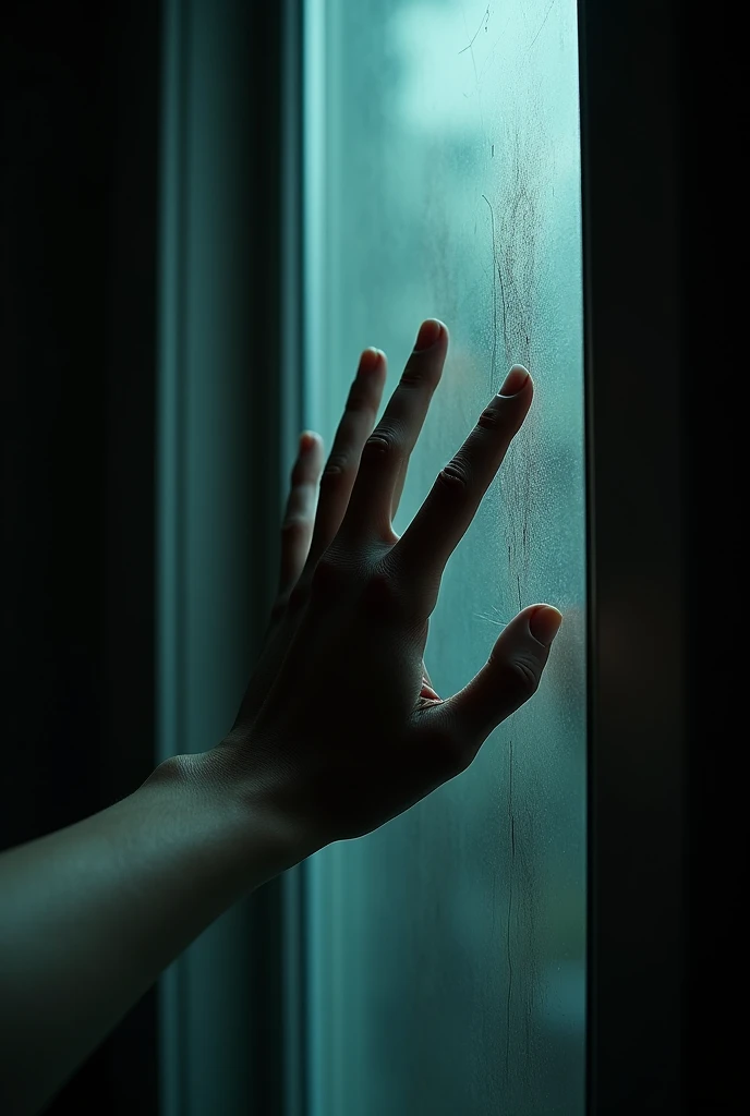 A hand scratching on a window from a side view 