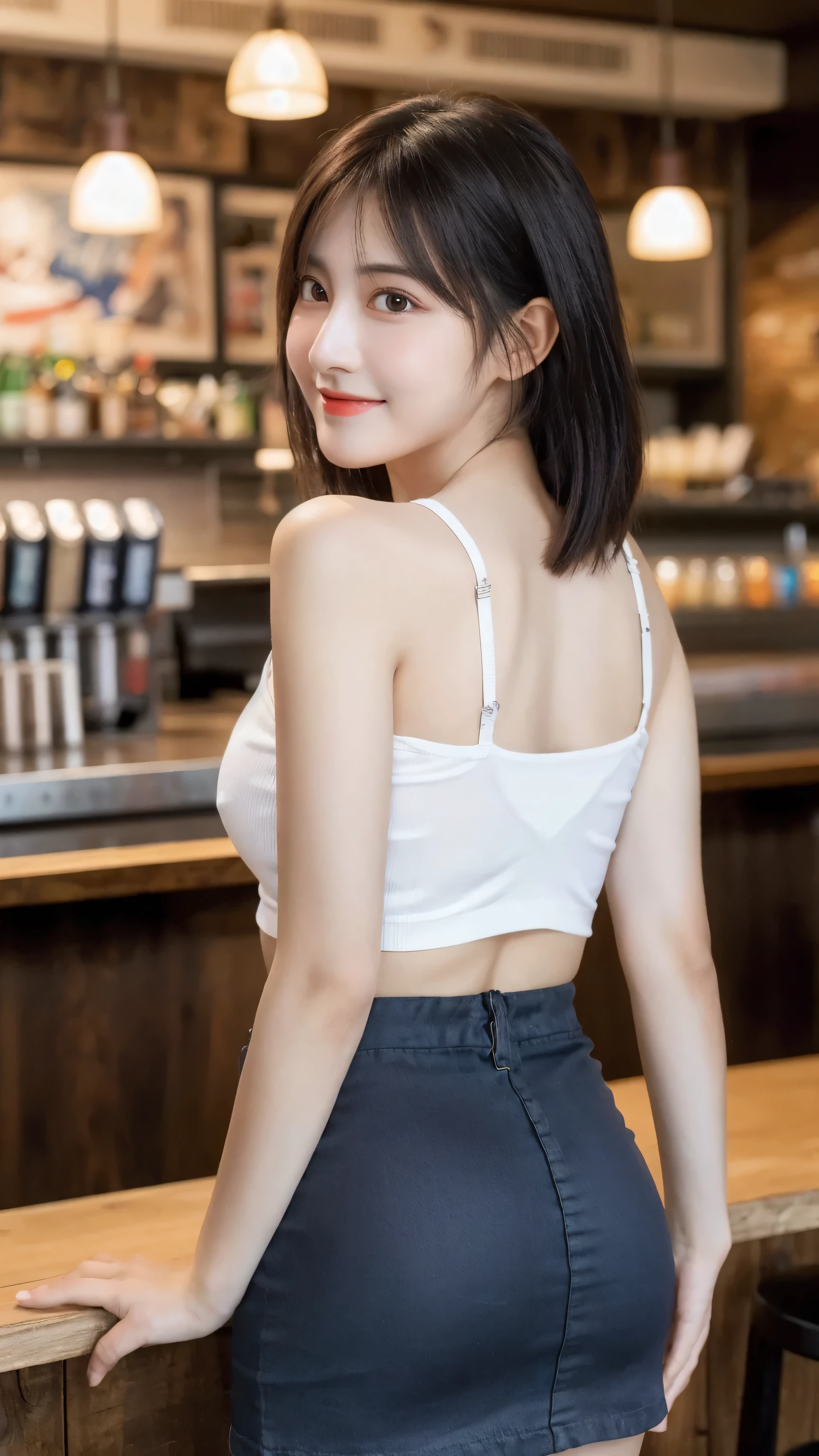 (8k, RAW Photo, Best Quality, Masterpiece:1.2), table top, Ultra Detail, Super Resolution, (Realistic, Realistic Photo:1.37), Portrait, High Detail RAW Color Photo, Professional Photo, Extremely Detailed and Beautiful, Extremely detailed, 8k wallpaper, amazing and detailed, huge file size, official art, highly detailed CG unity 8k wallpaper, highly detailed beautiful girl, highly detailed face, highly detailed eyes, highly detailed skin, highly detailed fingers, highly detailed nose, very detailed detailed mouth , perfect anatomy, highly detailed background, highly detailed clothes, 1girl, ,cute girl, realistic body, fair skin, glowing skin , slim body, handsome body, black hair , Semilong hair, (blunt bangs:1.2), smile, cute, youthful, cute face, realistic face, delicate eyes, drooping eyes, looking at viewer, (from behind), standing posture, Contraposto, dynamic lighting, (medium breasts), (Perfect Body Proportions), (slender Body Proportions), (tank top), (mini skirt), (Inside the pub),