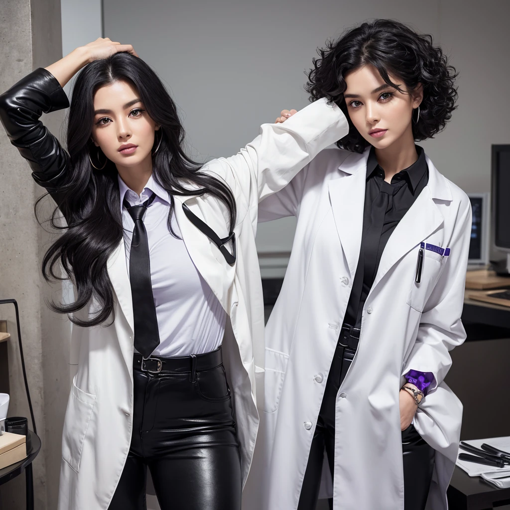 Mixed Black And White Hair Color, Natural Curls, Purple Eyes, Well-Proportioned Face, Nasty Look, Tall Woman, Lab Coat, Accidental Icon, Strong Charisma, Fashionable Person, A Woman Who Talks Lazily, Black Leather Tight Pants, Black Leather Boots, Black Shirt, Red Tie, The Sleeves Of Her Lab Coat Are Rolled Up To Her Elbows, Black Leather Bracelets On Both Wrists, Fashion Model, Super Model, Doctor