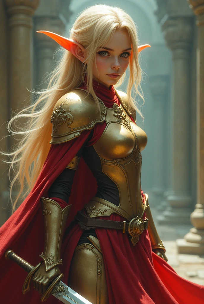 Final Fantasy game theme. Image of a 2 elf with tanned hair standing holding her favorite sword., He wore light armor in Red and Gold, pastel colours, and dramatic tones. A masterpiece with the highest resolution. , Surrealist image type