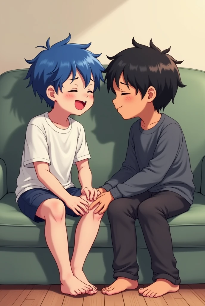 Emo anime boy, blue hair, skin very white, laughing, sitting on sofa, barefoot, getting tickled on the soles of her feet by a dark-skinned boy