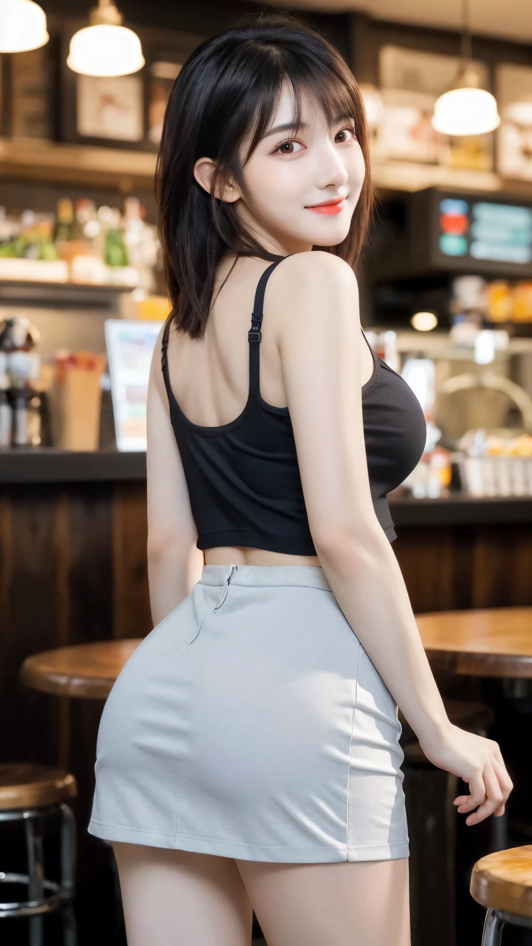 (8k, RAW Photo, Best Quality, Masterpiece:1.2), table top, Ultra Detail, Super Resolution, (Realistic, Realistic Photo:1.37), Portrait, High Detail RAW Color Photo, Professional Photo, Extremely Detailed and Beautiful, Extremely detailed, 8k wallpaper, amazing and detailed, huge file size, official art, highly detailed CG unity 8k wallpaper, highly detailed beautiful girl, highly detailed face, highly detailed eyes, highly detailed skin, highly detailed fingers, highly detailed nose, very detailed detailed mouth , perfect anatomy, highly detailed background, highly detailed clothes, 1girl, ,cute girl, realistic body, fair skin, glowing skin , slim body, handsome body, black hair , Semilong hair, (blunt bangs:1.2), smile, cute, youthful, cute face, realistic face, delicate eyes, drooping eyes, looking at viewer, (from behind), standing posture, Contraposto, dynamic lighting, (medium breasts), (Perfect Body Proportions), (slender Body Proportions), (tank top), (mini skirt), (Inside the pub),