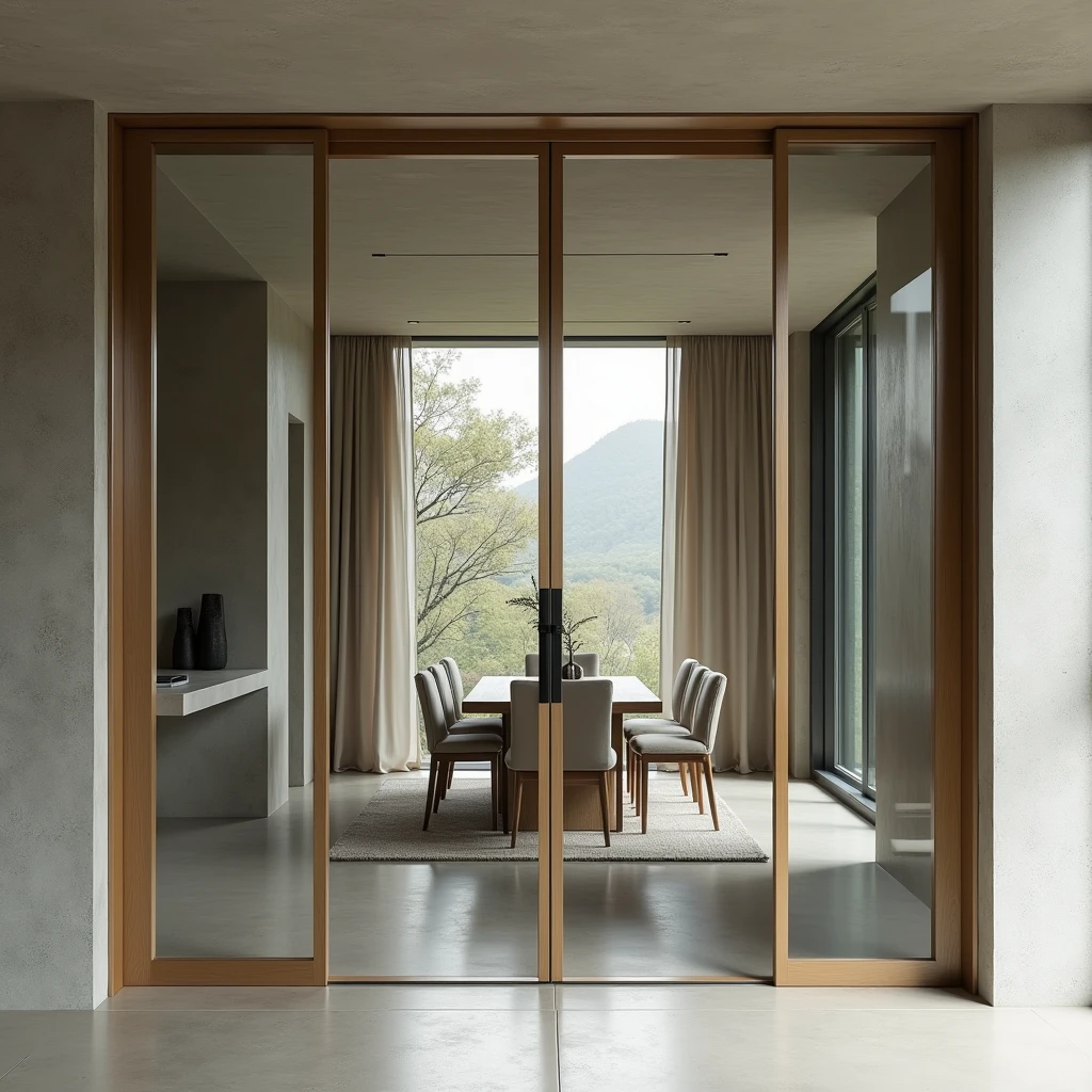 Artistic frontal Concept art of a double-hinged door that divides a modern minimalistic living room from a dining room, featuring a style inspired by Le Corbusier, using modern materials. The door should emphasize clean, geometric lines and functional design, reflecting Le Corbusier's principles. Modern materials like sleek glass, brushed metal, and polished concrete should be used to enhance the door's contemporary feel. The setting should be a minimalist interior, showcasing a harmonious blend of classic modernist aesthetics with a modern touch, complementing the door's sophisticated design.





