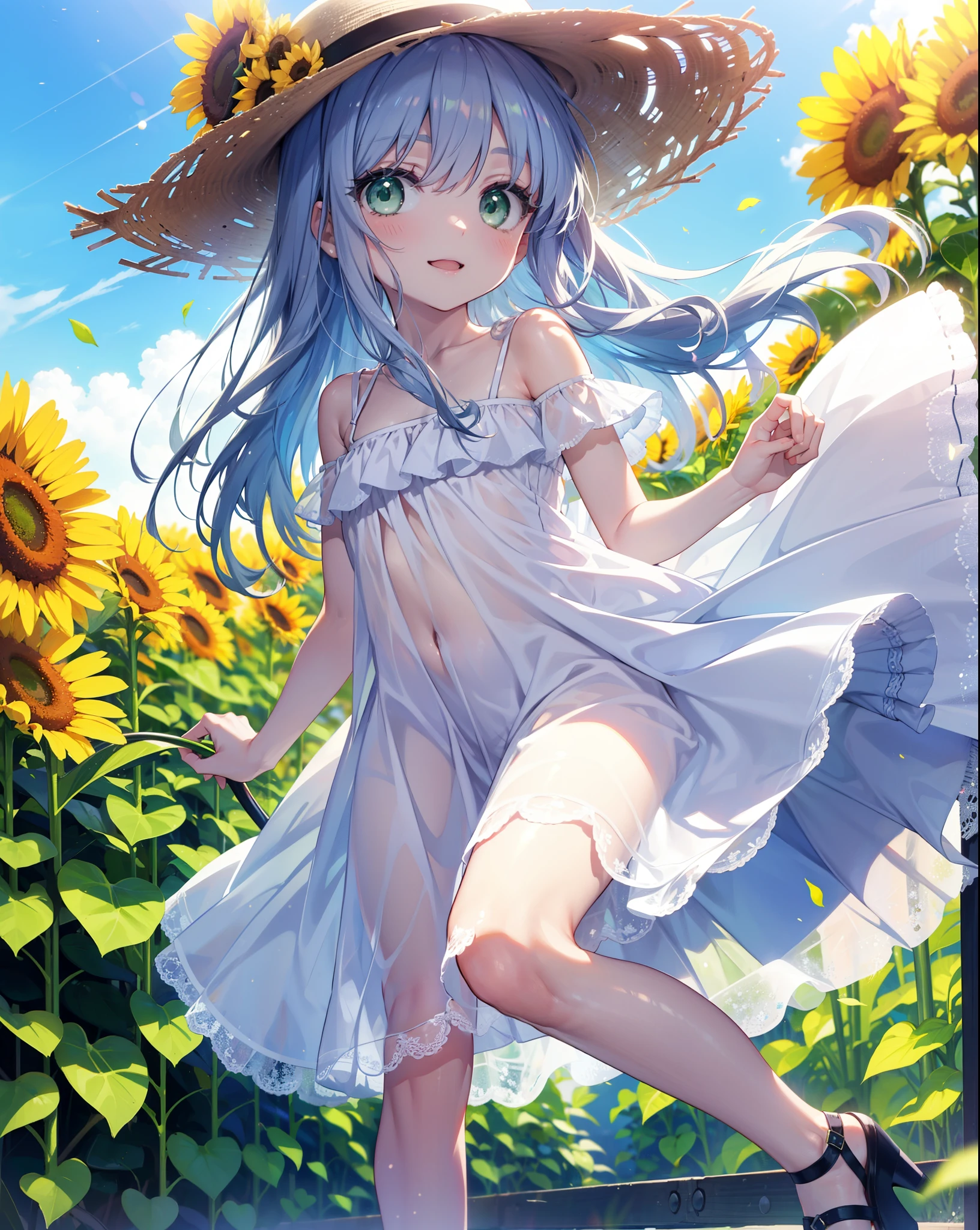 index, index, (Green Eyes:1.5), Silver Hair, Long Hair, (Flat Chest:1.2),smile,Open your mouth,smile,White hat,Off-the-shoulder dress,Short sleeve,Bare shoulders,bare clavicle,Bare neck,mini skirt,Cute heeled sandals,Are standing,True Summer,Clear skies,Daytime,whole bodyがイラストに入るように,
break looking at viewer, whole body,
break outdoors, Sunflower field,
break (masterpiece:1.2), Highest quality, High resolution, unity 8k wallpaper, (shape:0.8), (Fine and beautiful eyes:1.6), Highly detailed face, Perfect lighting, Highly detailed CG, (Perfect hands, Perfect Anatomy),
