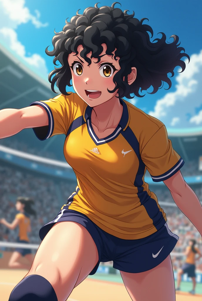 haikyuu oc, Girl with curly black hair, Pale skin and brown eyes