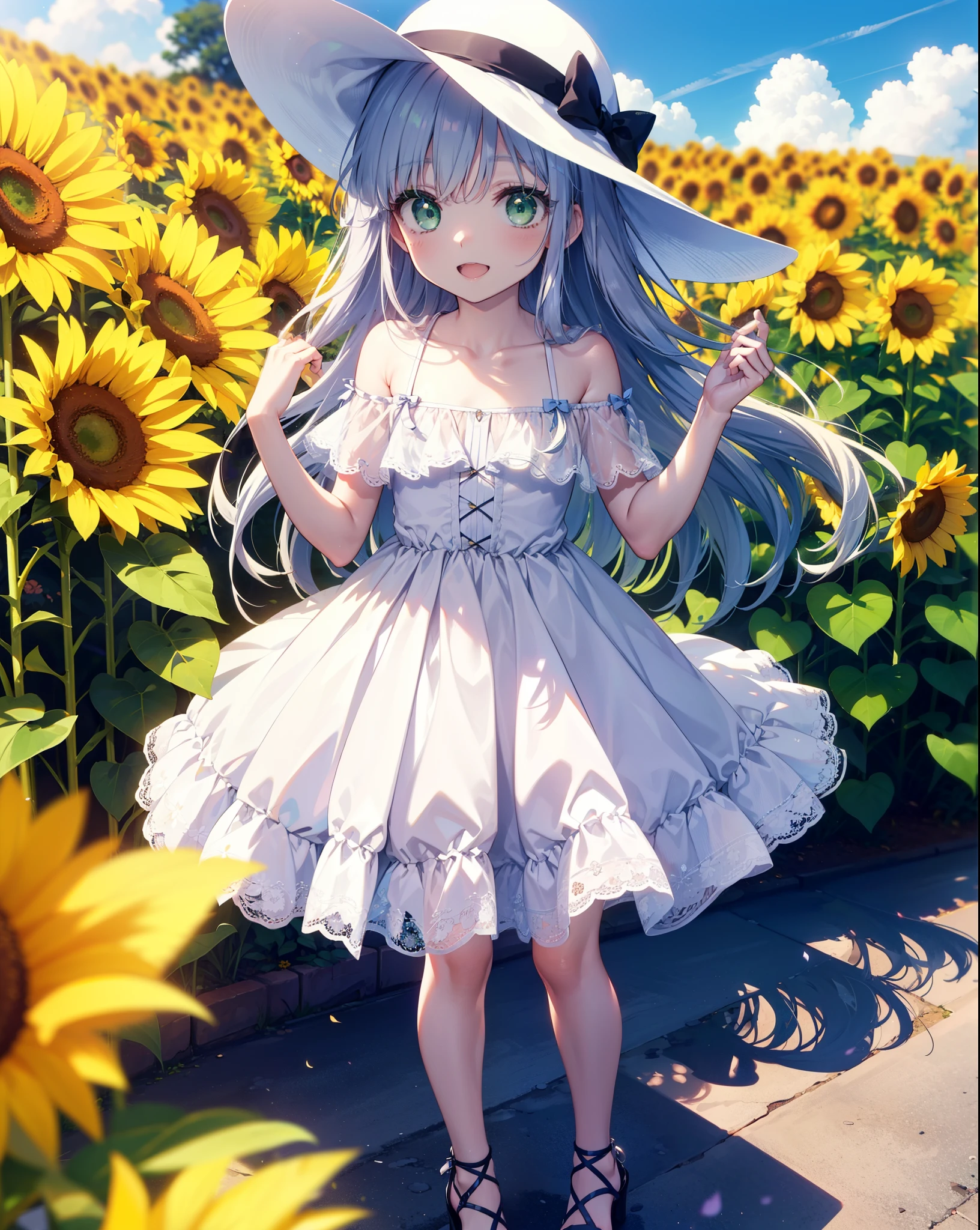 index, index, (Green Eyes:1.5), Silver Hair, Long Hair, (Flat Chest:1.2),smile,Open your mouth,smile,White hat,Off-the-shoulder dress,Short sleeve,Bare shoulders,bare clavicle,Bare neck,mini skirt,Cute heeled sandals,Are standing,True Summer,Clear skies,Daytime,whole bodyがイラストに入るように,
break looking at viewer, whole body,
break outdoors, Sunflower field,
break (masterpiece:1.2), Highest quality, High resolution, unity 8k wallpaper, (shape:0.8), (Fine and beautiful eyes:1.6), Highly detailed face, Perfect lighting, Highly detailed CG, (Perfect hands, Perfect Anatomy),