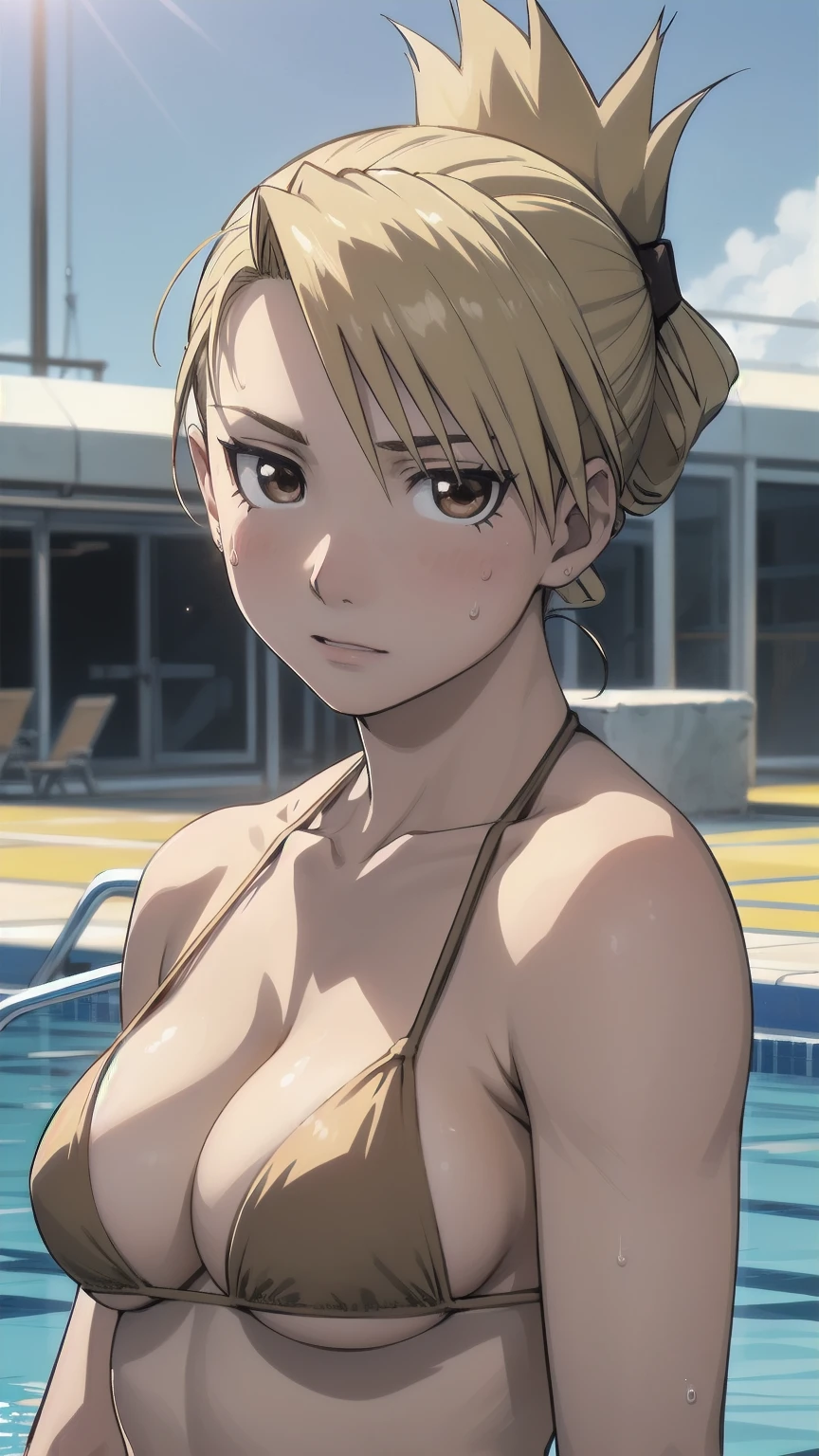 masterpiece, highest quality, High resolution, 1 girl, Hamriz, ponytail, brown eyes,big 、upper body up、muscular body、blush、Sweat、Composition from the front、アニメ、((Brown Micro Bikini))、In the outdoor pool、pool Sexy pose on the side、blush、big breasts、audience、A lot of people