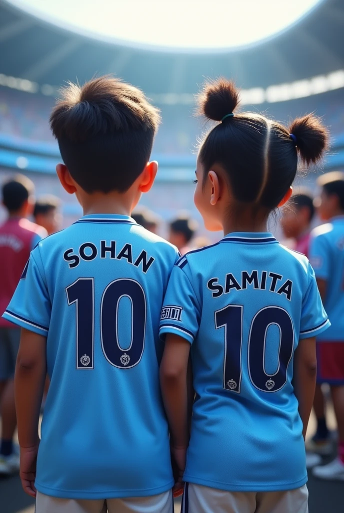 The boy Sohan and the girl Samita are the fan of mancity football club..they wearing mancity football club jersy. there name showing there jersy