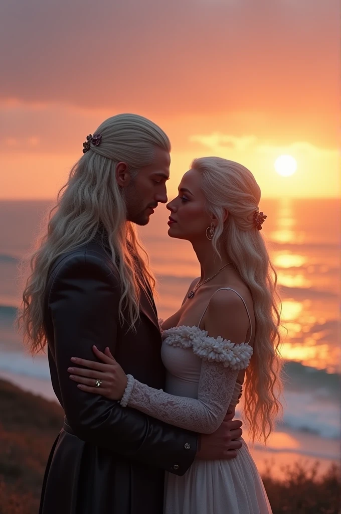 Viserra Targaryen, played by la actriz argentina, > (with platinum blonde hair and purple eyes) , y Daemon Targaryen, played by, the british actor > (long platinum blonde hair and violet eyes) , Both are on a peninsula near the beach, with the sunset in the background, y Daemon, He asks her to marry him, a Viserr