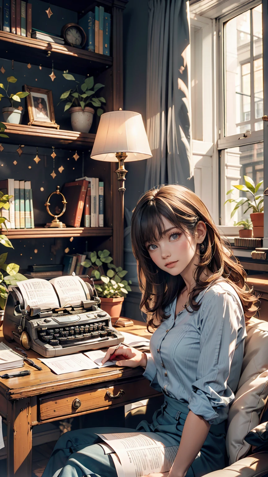 living room, sofa, window, curtain, Speckled sunlight, Potted plants, table, cupboard,Bookshelf, paper, Desk lamp, Typewriter, Sitting on the couch