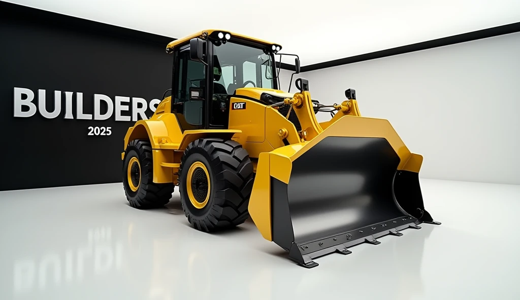 Bulldozer ( Caterpillar bulldozer 2025 ) takes center stage in a luxury white showroom. The vibrant (yellow) exterior gleams, drawing attention to its sleek, aerodynamic design and bold accents. The (Caterpillar builders 2025) " is prominently displayed in large, metallic letters on the bulldozer, set against a dark wall. The ( front blade left side view ) view showcases the cutting-edge innovation and technology of its time, inviting potential buyers to experience the future of automotive design and performance. This awe-inspiring image promises an unparalleled driving experience