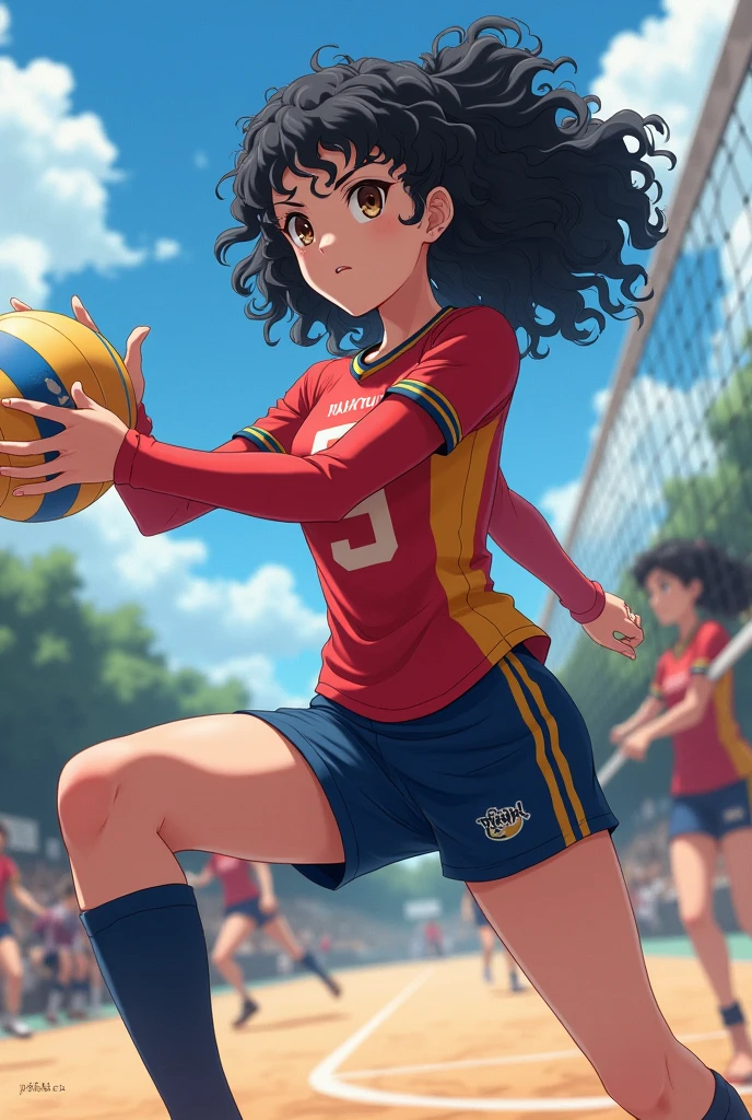 haikyuu oc, Girl with curly black hair, Pale skin and brown eyes