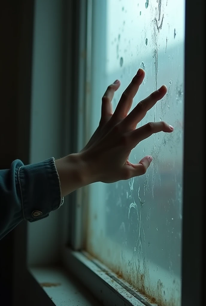 A hand aggressively scratching on a window from a side view