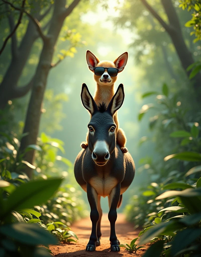 Create a realistic image set in an African jungle with dense foliage and tall trees in the background. In the foreground, there is a donkey standing calmly. On top of the donkey, there is a dog standing confidently, wearing a pair of stylish sunglasses. The dog's posture is playful, and it appears to be balancing perfectly on the donkey's back. The sunlight filters through the leaves, creating dappled patterns on the ground. The scene has a humorous and whimsical feel, capturing the unusual sight of the dog with sunglasses standing atop a donkey in the middle of a lush jungle.