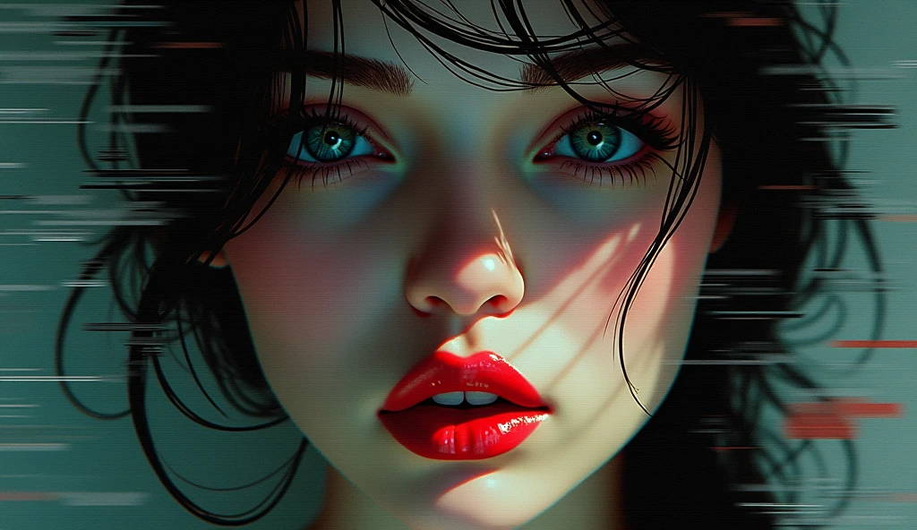 Female lips with sensual facial expression and glitch technique stock illustration