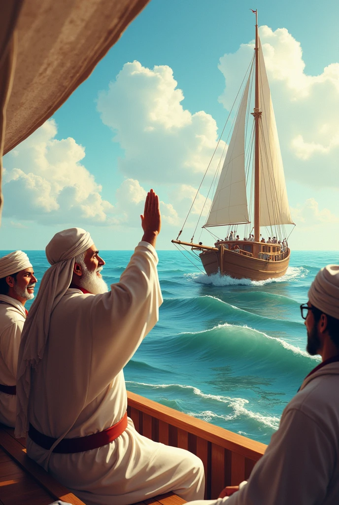 The wind gently caressed the sails, and the waves danced softly around the boat, as if playing welcoming melodies for the guests.
A group of sailors sat on the boat, dressed in traditional nautical attire, their faces lit up with smiles.
In the corner of the boat sat the elderly sheikh, with a white beard and upright posture, dressed in simple yet elegant clothing. His eyes gleamed with deep wisdom, and his voice carried a tone of reverence and respect as he raised his hand, saying: