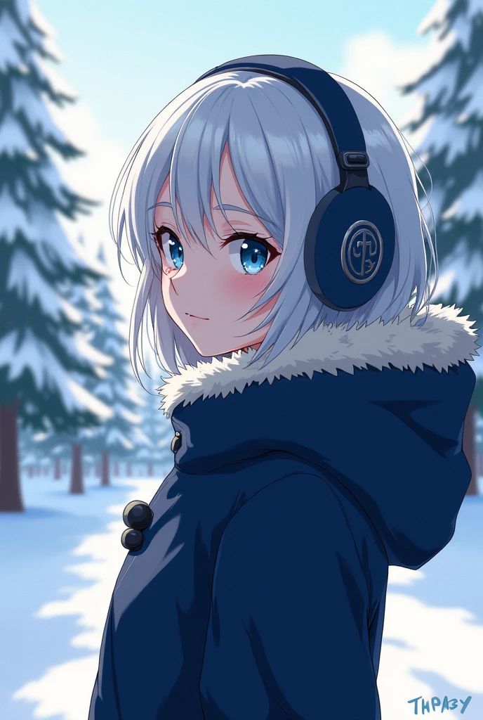Anime Woman with short white hair, blue eyes, wearing earmuffs and dark blue winter clothing in a snowy landscape with pine trees, side camera view