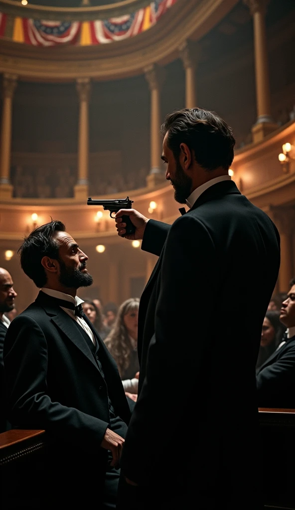 The scene is set in the dimly lit, intimate space of the president’s box at Ford’s Theater. John Wilkes Booth, dressed in a dark, tailored suit typical of the era, stands directly behind President Abraham Lincoln. Booth’s figure is cloaked in shadow, his posture tense and determined. In his right hand, he holds a small, silver derringer pistol, the weapon glinting faintly in the low light. The pistol is aimed directly at the back of Lincoln’s head, just inches away. Booth’s face is etched with intense focus, his jaw set, and his eyes narrowed, capturing his steely resolve. The background reveals the ornate interior of the box, with American flags draped over the edge and the theater's gaslights casting a warm but eerie glow. Lincoln sits unaware, his attention still on the play below, while the gravity of the moment is palpable in the air. The scene is charged with the impending sense of tragedy, as time seems to slow in the seconds before the fatal shot.