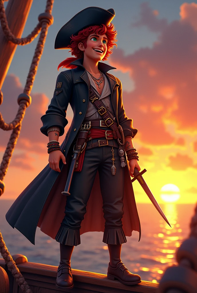 Generate the image of a pirate for a DnD campaign total body. A male pirate around 20 years old with an excited face. He has dark red curly hair, without any type of facial hair. His eyes are emerald green, and he has a small scar on the bridge of his nose. He’s wearing a pirate hat in black leather, a dark trench coat, under the coat a soft shirt half open, he’s wearing a belt with a red band, on the side he had two sabers and two XVI century guns. He’s wearing many bracelets and necklaces, he has many tattoo. He’s on the top of the main mast of his boat looking at the sunset