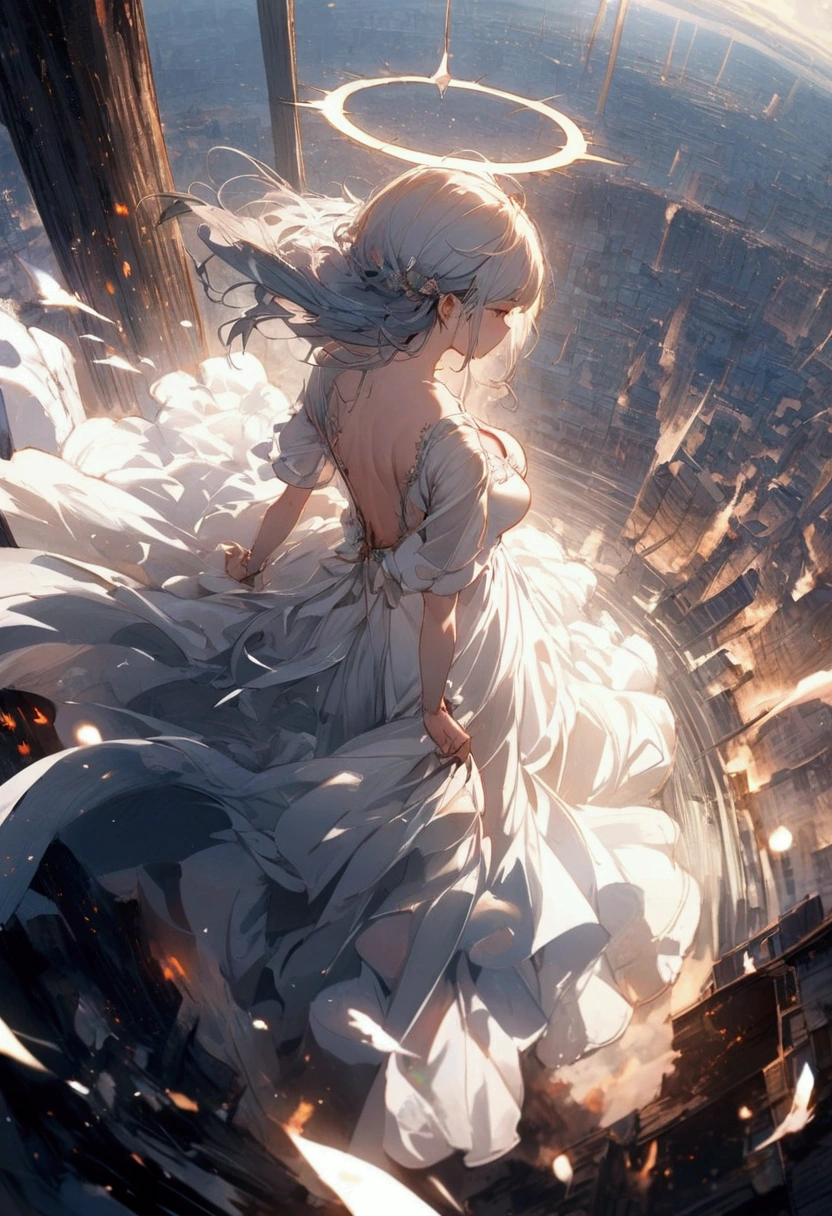 
a (Rear view:1.5) A very beautiful female angel\(Long platinum hair, wide back white dress,(From her chest hangs big, beautiful angel wings.),Very beautiful shining halo\), She has her arms wide open as if asking for help., She&#39;s on the clouds、Looking down at the world below, Fierce war\((Lots of sparks and fire), fail, Fighter, Many buildings collapsed, Nature is destroyed, Magnificent and spectacular views\) It&#39;s happening under the clouds, BREaK ,quality\(8k,非常に精細なCGユニットのwallpaper, masterpiece,High resolution,top-quality,top-quality real texture skin,Surreal,Increase the resolution,RaW photos,最高quality,Very detailed,wallpaper,Cinema Lighting,Ray-tracing,Golden Ratio\),[Browsing Caution],Dynamic Angle,[Browsing Caution],From above