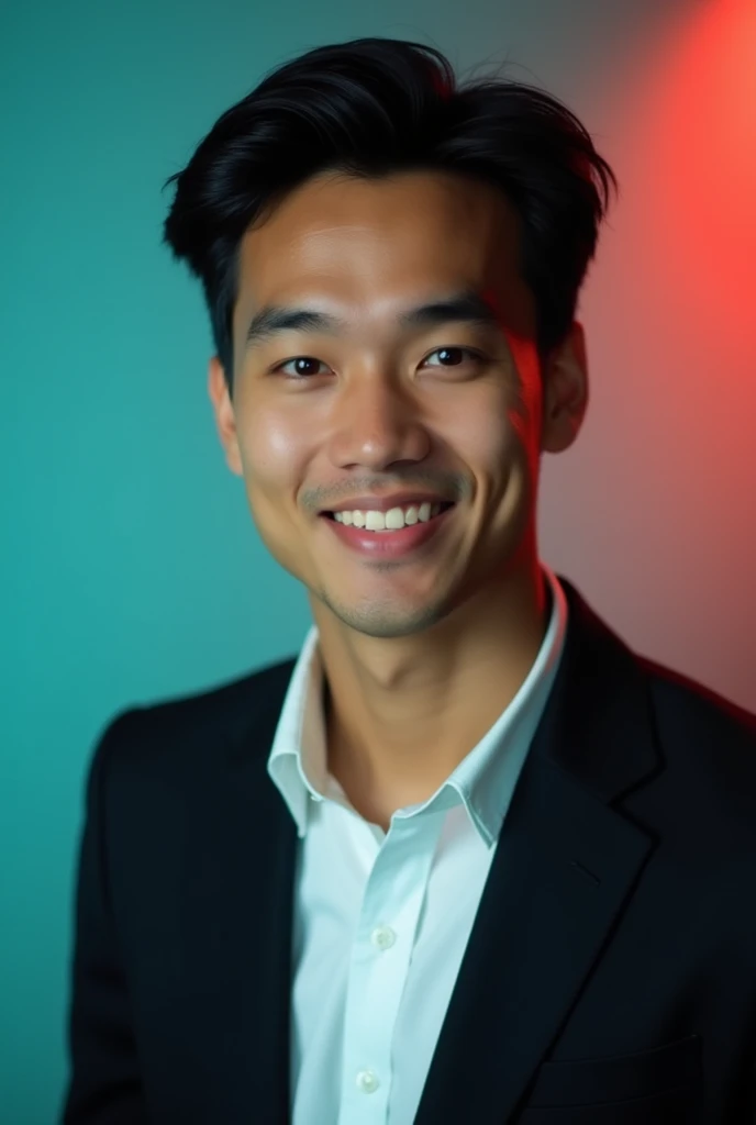 A young man with dark hair and a confident smile.and bangali face. He is dressed in a black blazer over a white shirt. The man is positioned against aqua colour backdrop with a subtle red lighting on the left side. and he posing for Linkedin profile