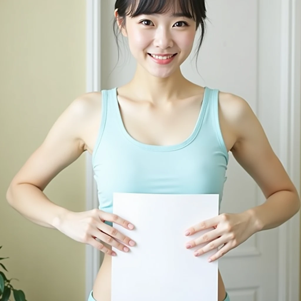 photograph, cowboy shot, woman holding A4 paper in front of waist doing a4 waist challenge, smiling beautiful Japanese female nurse wearing nurse uniform, slim hourglass figure, narrow waist, beautiful detailed face, black hair, pale skin, fair skin, realistic skin, detailed cloth texture, detailed hair texture, Perfect proportion, Anatomically correct, Highly detailed face and skin texture, private modern hospital room, looking at viewer, asian face , perfect anatomy, realistic