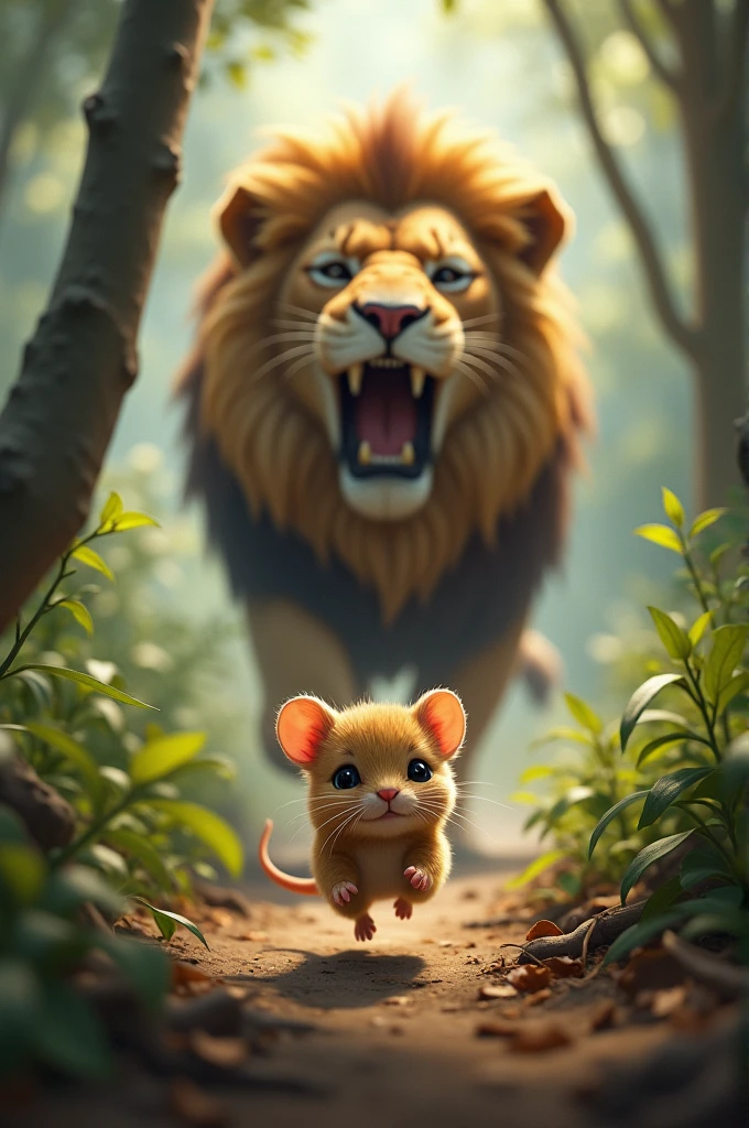 The little moise hearing the lions roar rushes into the scene for help