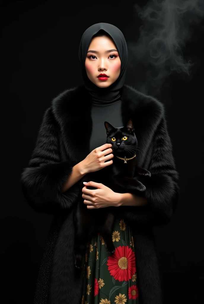 beautiful japanese woman wearing black hijab and tanned skin, wearing black designer glitter fur coat, and loose satin turtle neck floral dress (Dark green, red, gold), thick eyebrows, photorealistic, masterpiece, moncle, open coat, pouting lips, pouting, blank black background with smoke and good lighting, holding black sphinx cat with gold collar