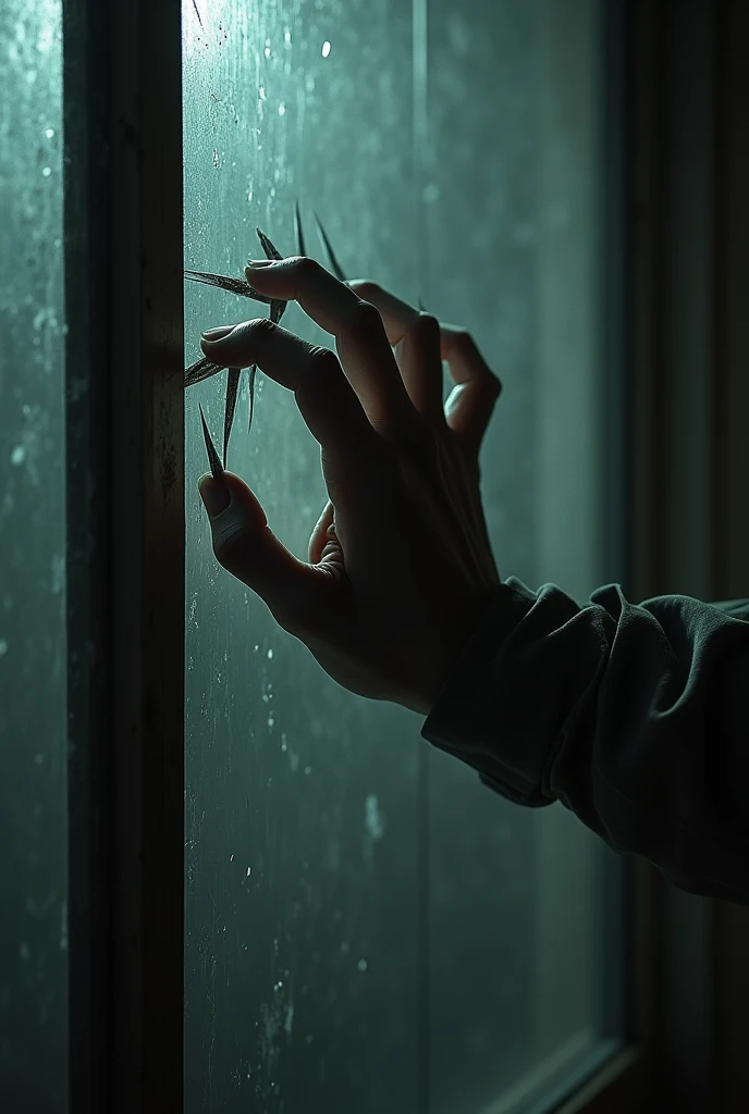 A male hand aggressively scratching on a window from a side view. Make it a bit horrific