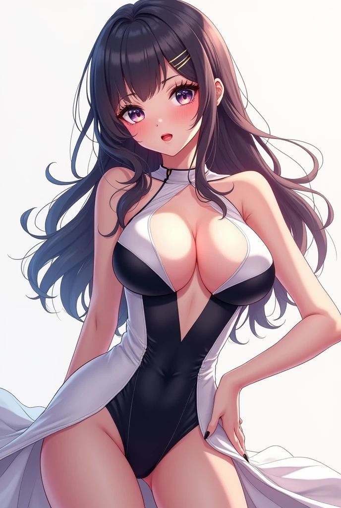 A anime girl with big boobs in white and black dress