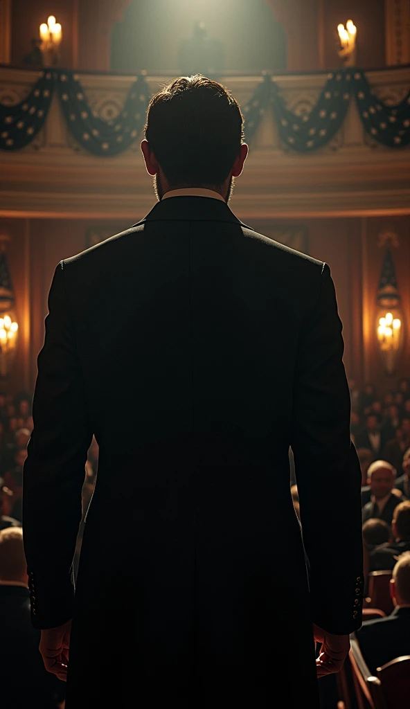 The scene is set in the dimly lit, intimate space of the president’s box at Ford’s Theater. John Wilkes Booth, dressed in a dark, tailored suit typical of the era, stands directly behind President Abraham Lincoln. Booth’s figure is cloaked in shadow, his posture tense and determined. In his right hand, he holds a small, silver derringer pistol, the weapon glinting faintly in the low light. The pistol is aimed directly at the back of Lincoln’s head, just inches away. Booth’s face is etched with intense focus, his jaw set, and his eyes narrowed, capturing his steely resolve. The background reveals the ornate interior of the box, with American flags draped over the edge and the theater's gaslights casting a warm but eerie glow. Lincoln sits unaware, his attention still on the play below, while the gravity of the moment is palpable in the air. The scene is charged with the impending sense of tragedy, as time seems to slow in the seconds before the fatal shot.