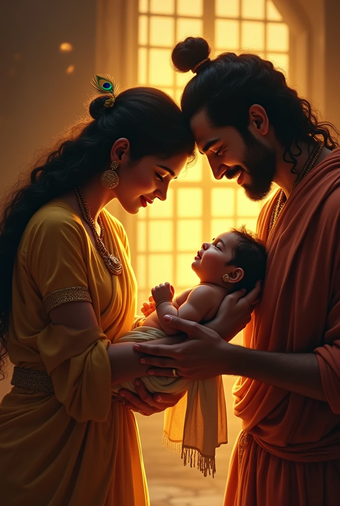 Krishna ka Janm

The prison cell is bathed in a soft, golden glow as  Krishna is born. Devaki cradles the newborn Krishna in her arms, looking at him with deep love and affection. Vasudev stands by her side, his face lit up with happiness. Baby Krishna is wrapped in a simple cloth, with a small peacock feather delicately placed near him. The atmosphere is filled with a sense of divine celebration.