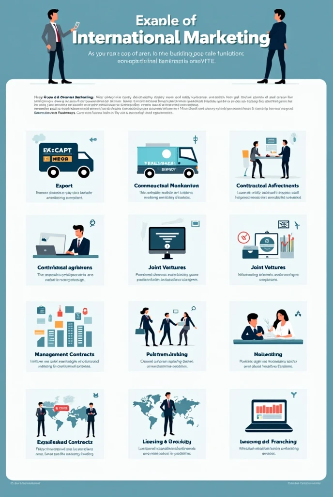 Digital poster of scope of the international marketing
1. Export
2. Import
3. Re-export
4. Contractual Agreement
5. Joint venturing
6. Fully Owned Manufacturing
7. Management contracts
8. Licensing and franchising
